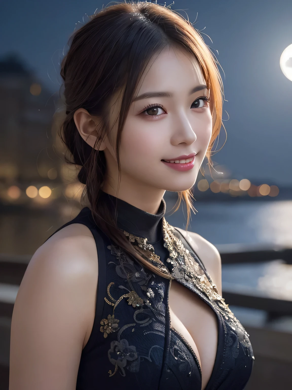 Kimono beauty, body portrait, 8k, thin and beautiful eyes, Dindal effect, masterpiece, top quality, high quality, high resolution, very detailed photo, (natural skin texture, fine skin, hyper realism, super sharpness) , high detail skin, (very fine, fine skin texture, intricate details, beautiful face, (real-like face), realistic eyes, beautifully detailed eyes, realistic skin, beautiful skin, surreal, Highly detailed, golden ratio, smiling eyes, ((night moonlight background)), body portrait, G cup, big breasts, huge breasts, big breasts, glamorous, shiny bodysuit