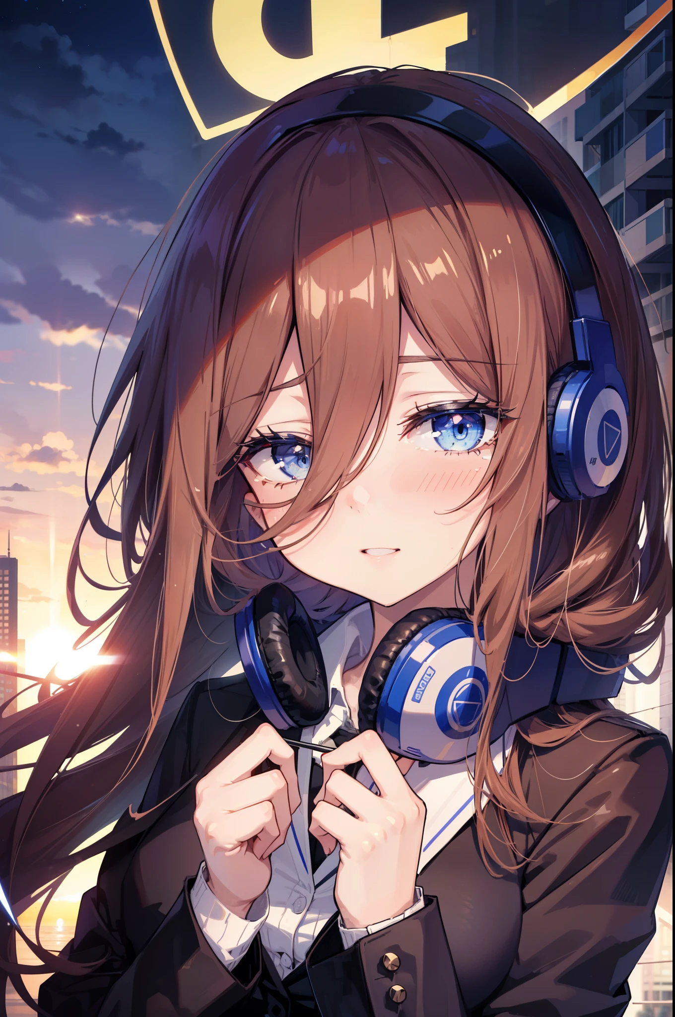 Miku Nakano, Miku Nakano, Long Hair, bangs, blue eyes, Brown Hair,,Blue Hairband ,Hair between the eyes, happy smile, smile, Open your mouth,Headphones around the neck,OL, Akagi glasses, Black suit jacket, Collared jacket, White dress shirt, Collared shirt, Neckline, button, Black pencil skirt, Black pantyhose,Stiletto heels,So that the whole body goes into the illustration,sunset,evening,The sun is setting, Looking up from below,
break outdoors, city,Building district,
break looking at viewer, (Cowboy Shot:1. 5)
break (masterpiece:1.2), highest quality, High resolution, unity 8k wallpaper, (shape:0.8), (Beautiful details:1.6), Highly detailed face, Perfect lighting, Extremely detailed CG, (Perfect hands, Perfect Anatomy),