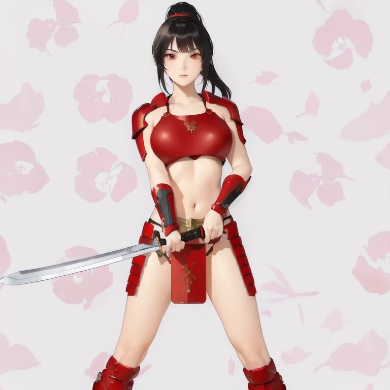 Young woman in red armor,redbikini armor,Red Armor,breastplate,metal armor,Red bowl gold,Black hair ponytail,knifeを持っている女性,muscular female,Big eyes,beautiful face,glaring,knife,日本knife,