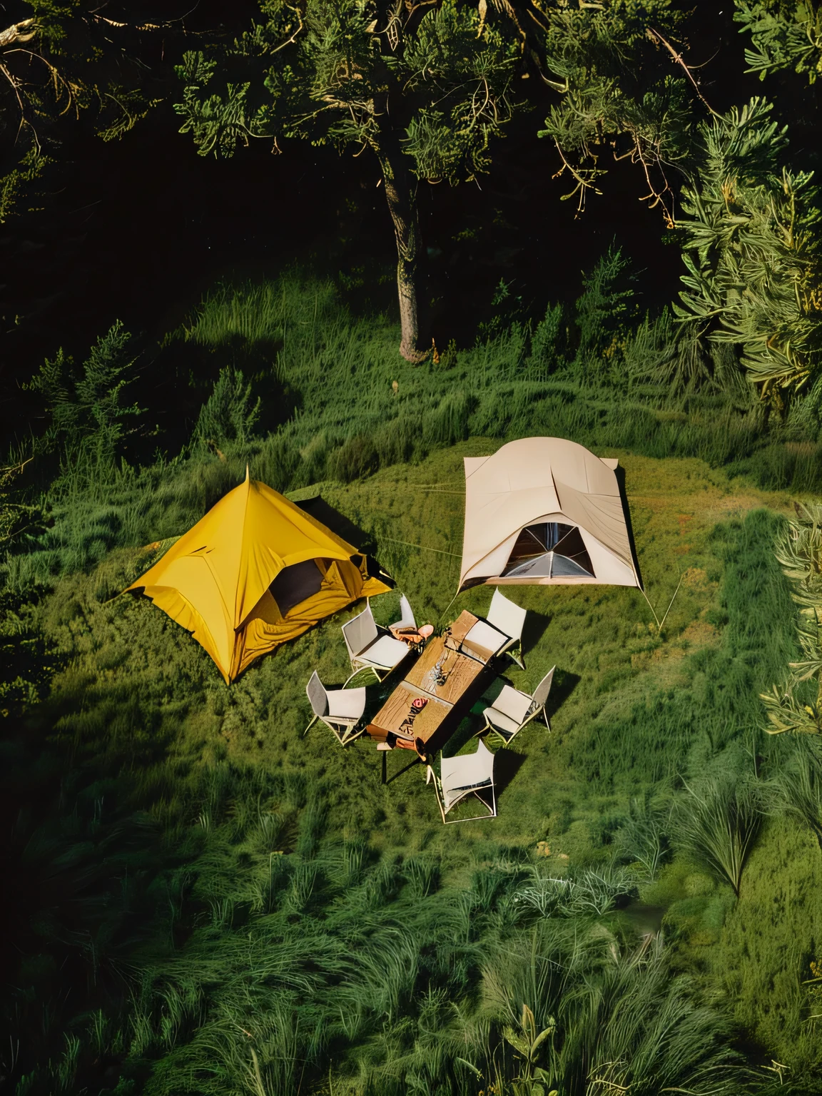 there are two tents and a table in the grass, camping, Glamping, barrel fires and tents, tent architecture, Yuruying, tents, Watch from above, Look from above, [ Top view ]!!, Camping, [ Top view ]!, Surrealism, Viewed from directly above, Top-down shooting, tent, byEtienne Delessert