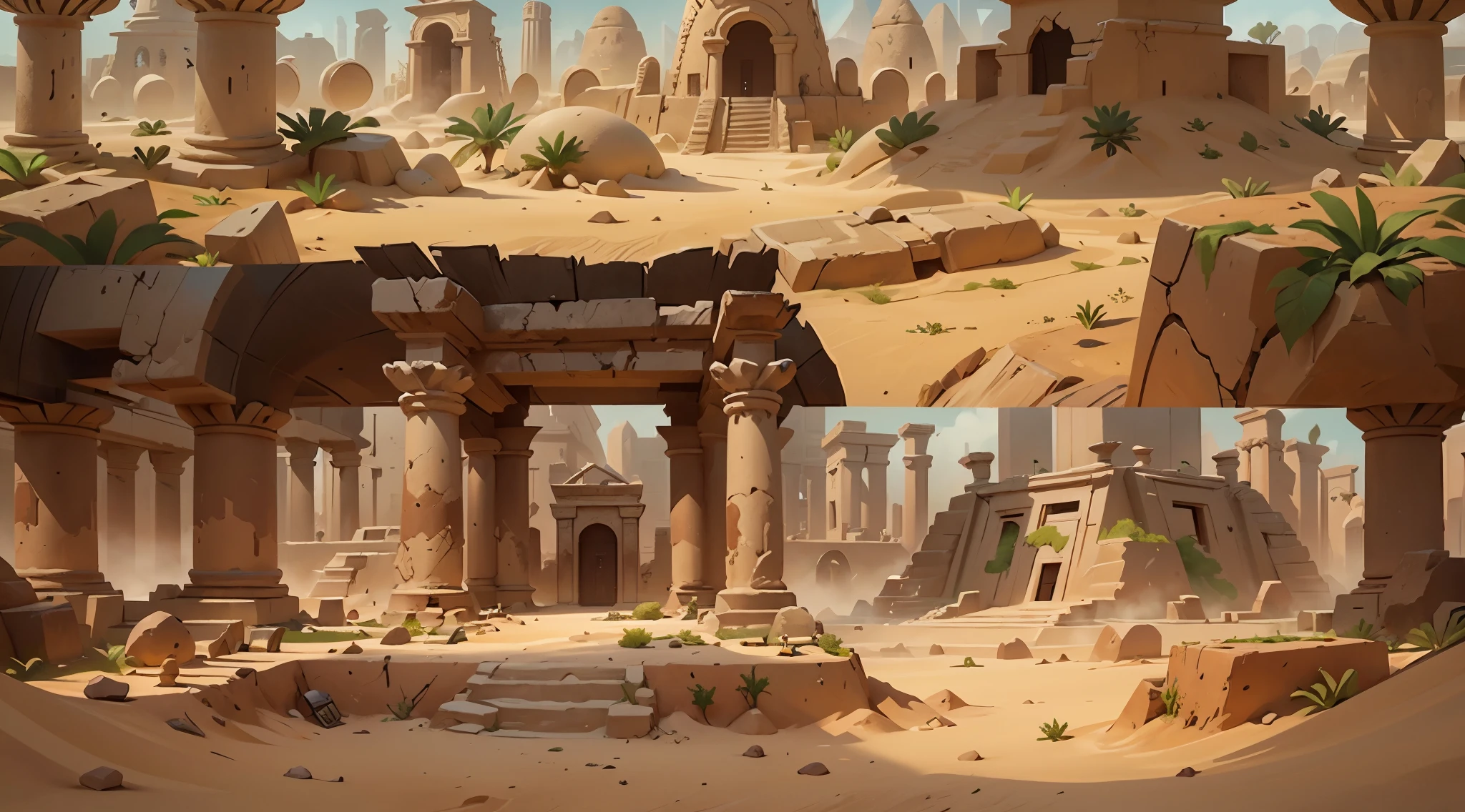 a close up of a cartoon of a desert with a building, wakfu colors + symmetry, game concept art, painted as a game concept art, 2 d game environment design, game concept, ancient ruins background, desert temple, detailed game art, sand and desert environment, game environment design, egyptian environment, scenery game concept art, stylized concept art