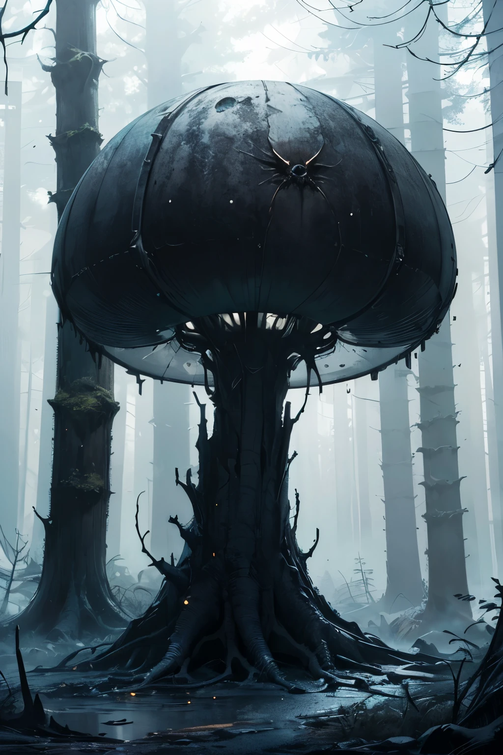((best quality)), ((masterpiece)), (detailed), alien planet, monochromatic, small weird structure, dark, dark forest, creepy