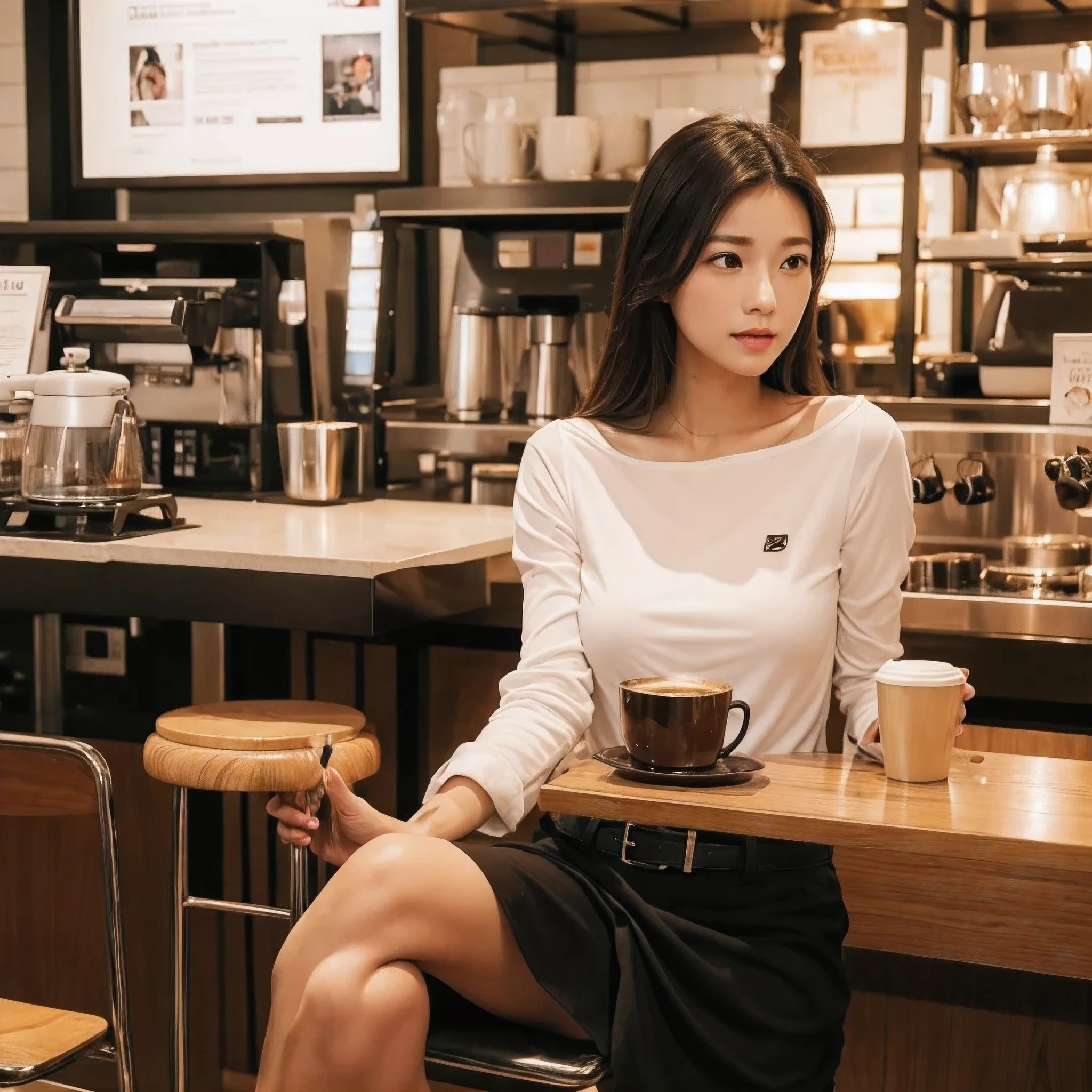 an asian women sitting in the coffee shop enjoying her coffee