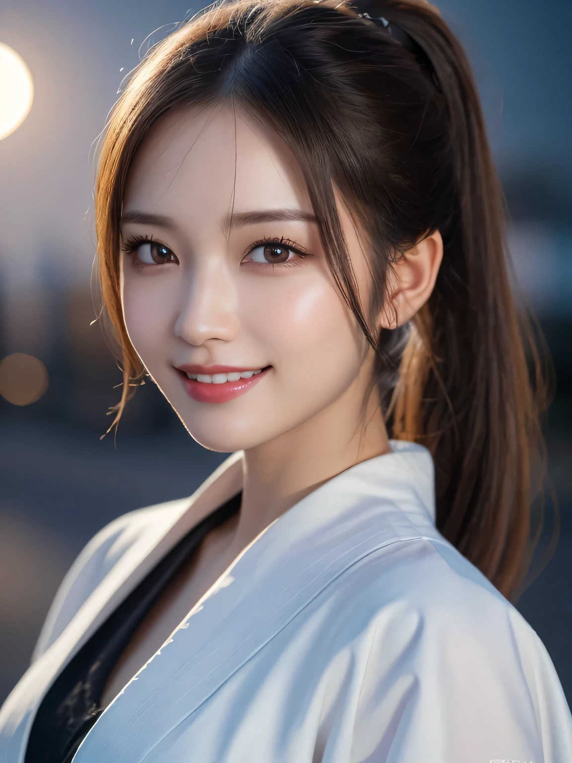 Kimono beauty, body portrait, 8K, thin and beautiful eyes, Dindal effect, masterpiece, top quality, high quality, high resolution, very detailed photo, (natural skin texture, fine skin, hyperrealism, super sharpness) , high detail skin, (very fine, fine skin texture, intricate details, ponytail, beautiful face, (real-like face), realistic eyes, beautifully detailed eyes, realistic skin, beautiful skin, hyper reality target, highly detailed, golden ratio, smiling eyes, ((night moonlight background) )), body portrait, G cup, big breasts, huge breasts, big breasts, glamorous,