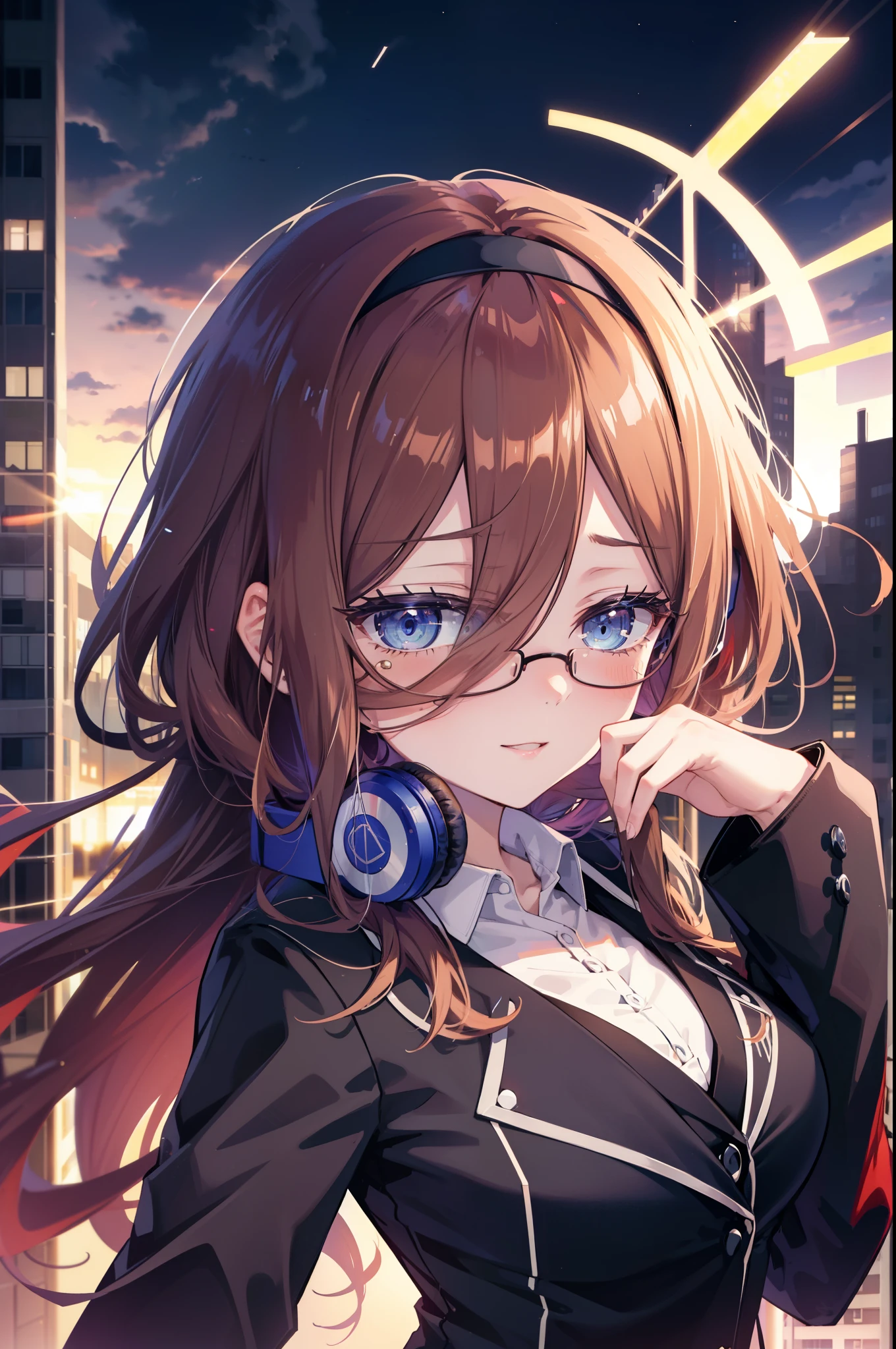 Miku Nakano, Miku Nakano, Long Hair, bangs, blue eyes, Brown Hair,,Blue Hairband ,Hair between the eyes, happy smile, smile, Open your mouth,Headphones around the neck,OL, Akagi glasses, Black suit jacket, Collared jacket, White dress shirt, Collared shirt, Neckline, button, Black pencil skirt, Black pantyhose,Stiletto heels,So that the whole body goes into the illustration,sunset,evening,The sun is setting, Looking up from below,
break outdoors, city,Building district,
break looking at viewer, (Cowboy Shot:1. 5)
break (masterpiece:1.2), highest quality, High resolution, unity 8k wallpaper, (shape:0.8), (Beautiful details:1.6), Highly detailed face, Perfect lighting, Extremely detailed CG, (Perfect hands, Perfect Anatomy),