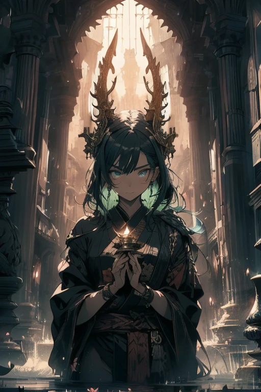 1 young girl, warrior woman, fierce expression, small smile, deep green hair, orb of water, water dragon, dragon horns, magic, mystic atmosphere, vivid colors, mysterious aura, monk attire, graceful movements, powerful presence, ancient wisdom, flowing robes, tranquil garden, serene pond, glowing lotus flowers, gentle breeze, soft sunlight, hidden secrets, ethereal beauty, peaceful yet powerful, otherworldly energy, harmonious balance, mythical charm, epic battles, elements of nature, intricate tattoos, enchanting melody, hypnotic dance, captivating grace, divine protection, age-old prophecies, ancient scrolls, powerful artifacts, intense focus, unbreakable spirit, untamed wildness, guardian of sacred knowledge, protector of the realms, master of martial arts, vast landscapes, hidden temples, celestial beings, spiritual awakening. (best quality,ultra-detailed,realistic,vivid colors), (portrait,landscape,fantasy). Warm tone, soft and diffused lighting.