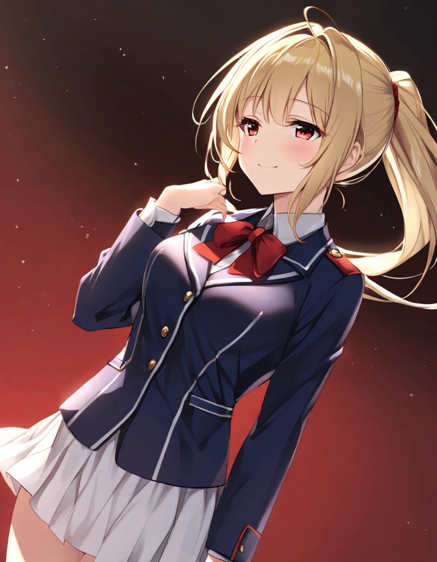 masterpiece, best quality, highres, , bangs, blunt_bangs, blonde_hair, long_hair, eyelashes, red_eyes, red_hairband, collared_shirt, formal, necktie, red_necktie, school_uniform, long_sleeves, skirt, red_skirt, white_shirt, smiling, night,starry sky,big breasts,cleavage,from below,seams