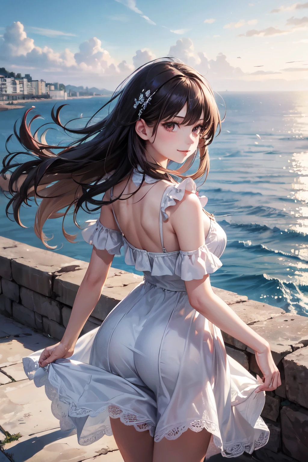 Anime girl wearing short skirt with surfboard on the beach, small curvaceous loli, loli in dress, cute anime waifu in a nice dress, in the beach, Guviz, Guweiz in Pixiv ArtStation, Guweiz on ArtStation Pixiv, Beautiful anime girl, Smooth anime CG art, in beach, on the beach