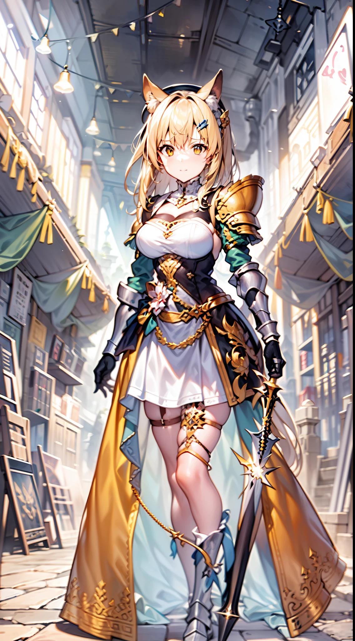 Masterpiece, Best quality, high resolution, Solo,
1girll, blond hairbl, Yellow eyes, pony tails, Animal ears, Tail,
Original costume 2, a white long skirt, Armor, sword, A shield,