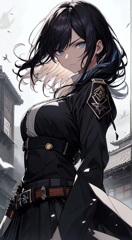 Japanese Katana Sword、Samurai sword、Full body、White one-piece military uniform、 Jet black head of hair,(masutepiece:1.2, Best Quality), (finely detailed beautiful eye: 1.2), (Detailed background,Dark Fantasy), (beautifull detailed face), High contrast, (Best Illumination, extremely delicate and beautiful), ((Cinematic Light)), Colorful, Hyper Detail, Dramatic light, Intricate details,Very blue eyes, Shining eyes, long hair flowing with the wind、large full breasts、Belt under the chest、White military uniform, skirt by the, large full breasts, Long hair fluttering in the wind, swords, jet-black hair, Blue eyes, Black tie, Belt under the chest, Serious look,