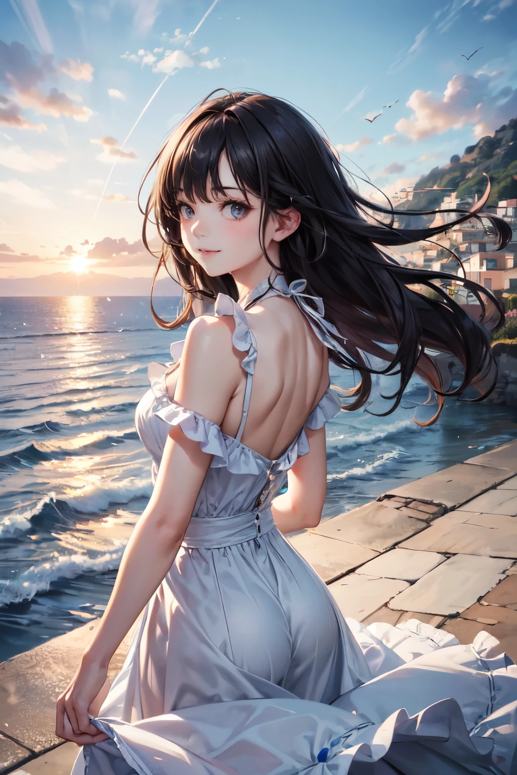 very cute and beautiful girl,teen,white sun dress with detailed frills,(highly detailed beautiful face),
walking slopy pathway to hilltop,(sea side Mediterranean cityscape),distant harbor,beautiful summer sky,
cowboy shot,smile,(looking back,from behind),wavy black hair,dynamic angle,looking at viewer,
(best quality,masterpiece),absurdres,highres,ultra-detailed,extremely detailed,32k,8k resolution,
intricate details,cinematic scene,detailed background,solo,dynamic angle,
natural lighting,hair fluttering in the wind,realistic,