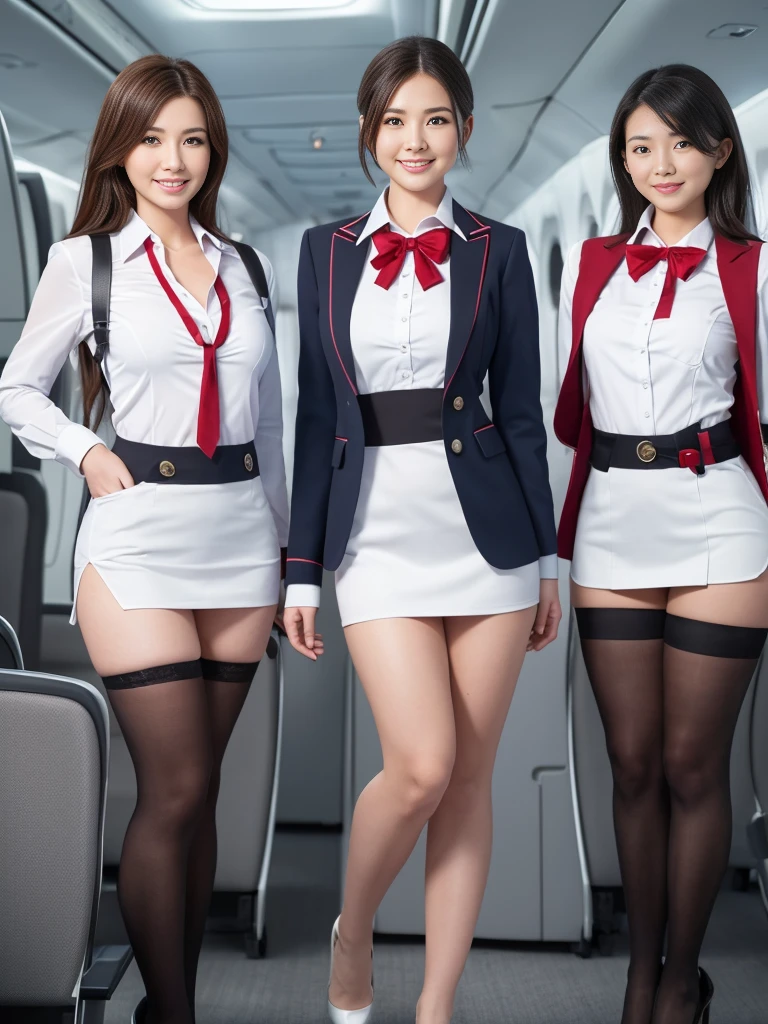 (highest quality),(8K),(masterpiece),(high resolution),(Crisp image quality),(Photorealistic:1.3),(Three Women:1.2),Background is inside the plane,Cabin Attendant Costume,Huge breasts,Short Hair,Full Body Shot,Cabin attendant uniforms that emphasize the shape of the breasts,smile