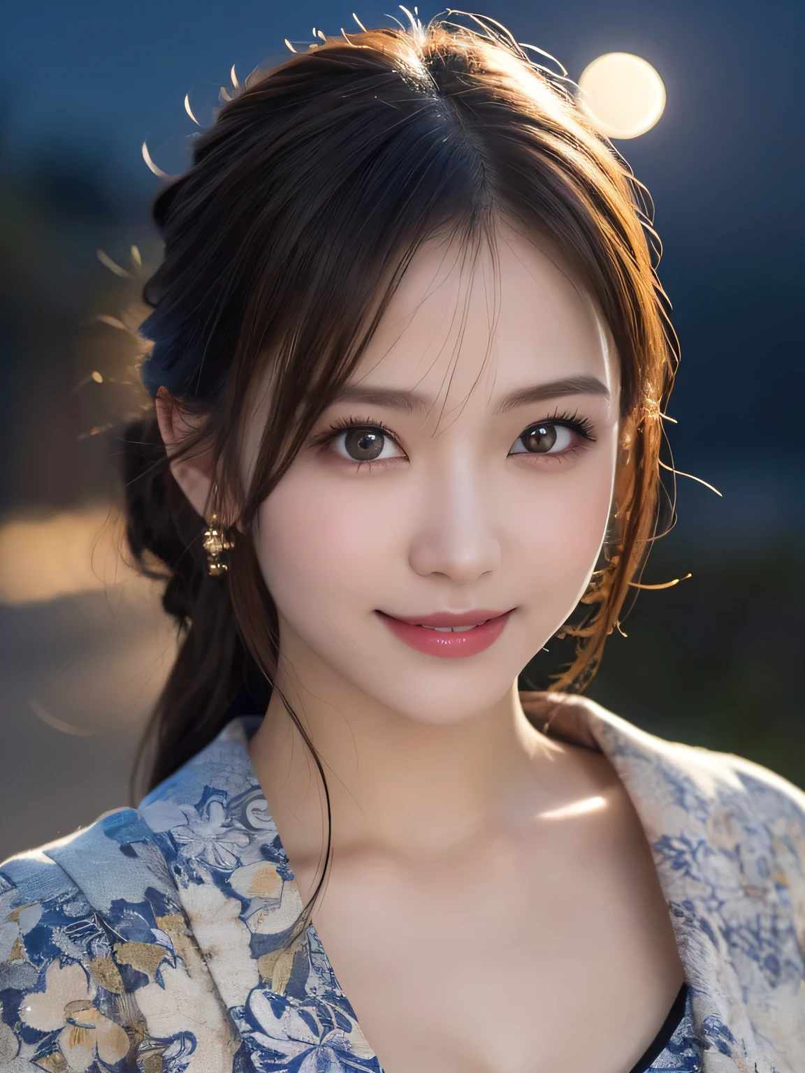 Kimono beauty, body portrait, 8K, thin and beautiful eyes, Dindal effect, masterpiece, top quality, high quality, high resolution, very detailed photo, (natural skin texture, fine skin, hyperrealism, super sharpness) , high detail skin, (very fine, fine skin texture, intricate details, ponytail, beautiful face, (real-like face), realistic eyes, beautifully detailed eyes, realistic skin, beautiful skin, hyper reality target, highly detailed, golden ratio, smiling eyes, ((night moonlight background) )), body portrait, G cup, big breasts, huge breasts, big breasts, glamorous,