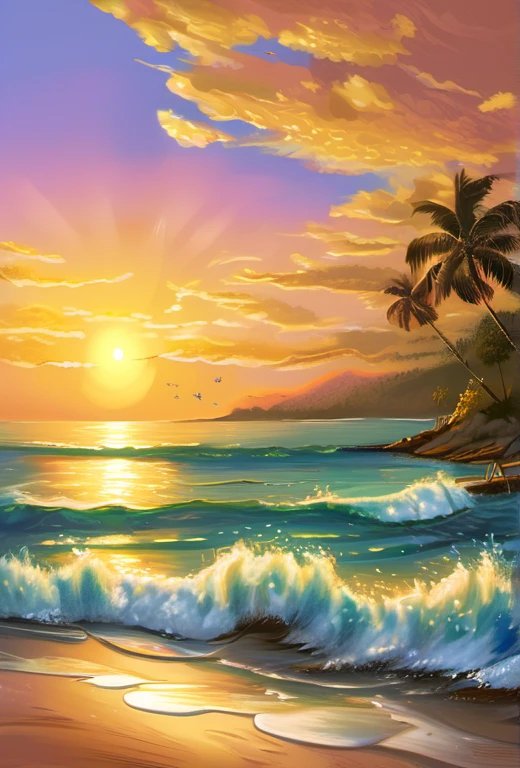 make a beach view that had sunrise that giving hopes the sunrise had golden brown  shine make the art style look like draw on canvas make the paint more meaningful more hopes