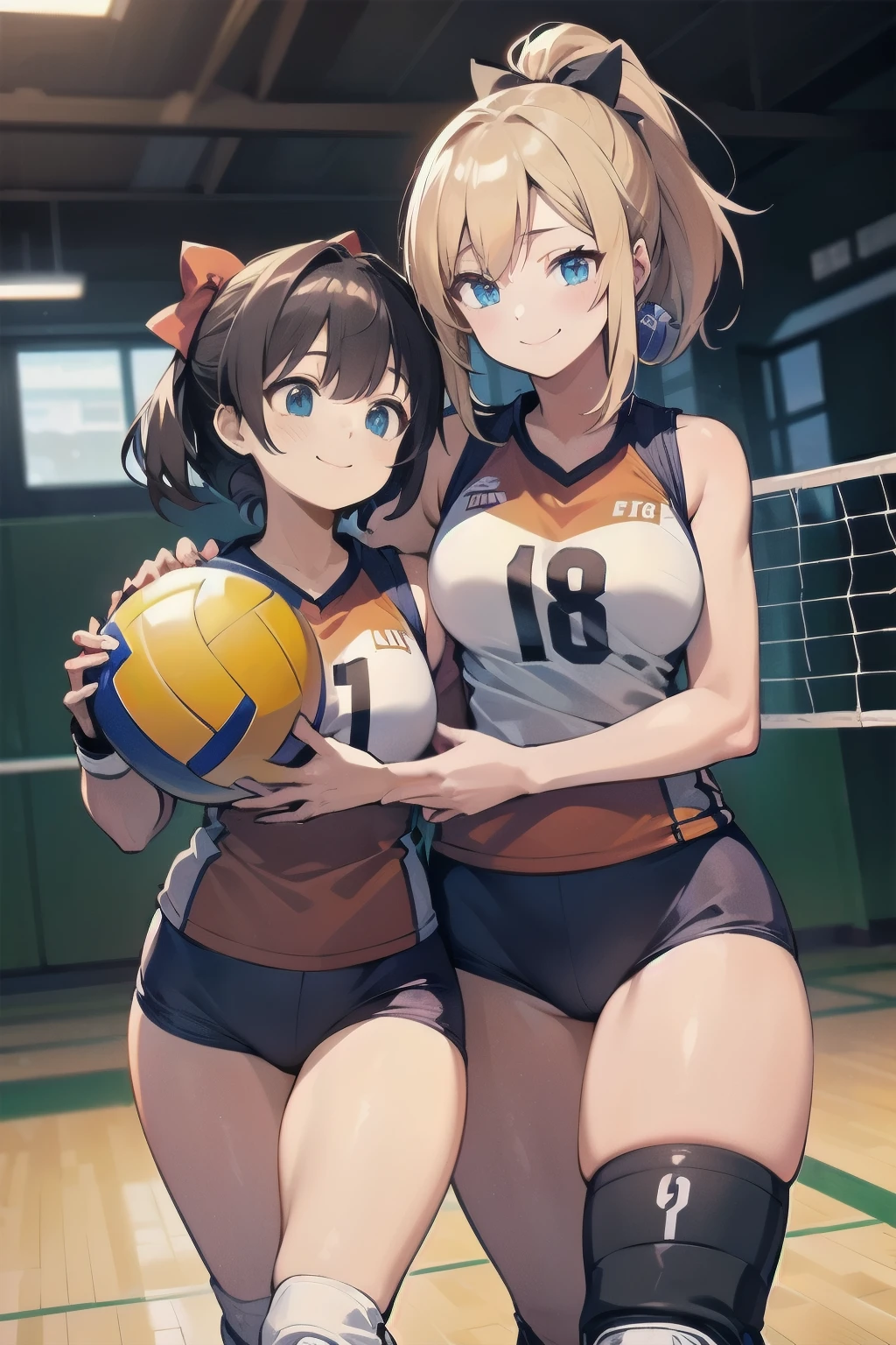 unity 8k wallpaper, anatomically correct, (((masterpiece))), (((best quality))), (((ultra detailed))), (((high-resolution))), ((super fine illustration)), ((Ultimate cutie)), detailed beautiful face, shiny hair, 18 years old,((blush)), ((potbelly)), (curvy), medium breasts, ((Thick thighs)), sleeveless collared volleyball uniform, ((buruma)), ((knee pad)), (elbow pad), ((hold volleyball)), ((hold a 6-inch volleyball)), cowboy shot, in volleyball court, in school gymnasium,
BREAK, (Yuri), 2girls_A_and_B, A girl_have_{{blond ponytail}}_{hair bow}_{{happy}}_{smile},
BREAK, B girl_have_{black short hair}_ {hair bow}_{{{smirk}}}