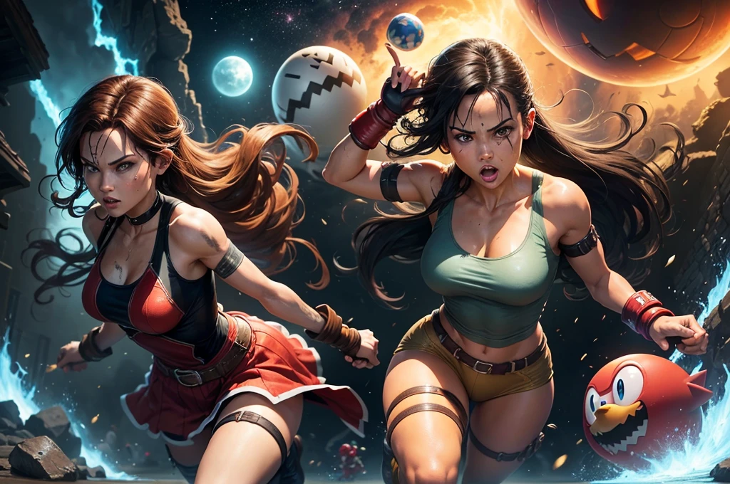 falling in a wolrd with multiple characters from different universe, like mario, tomb raider, street fighter, pac-man, hallo, doom, starfox, zelda, sonic