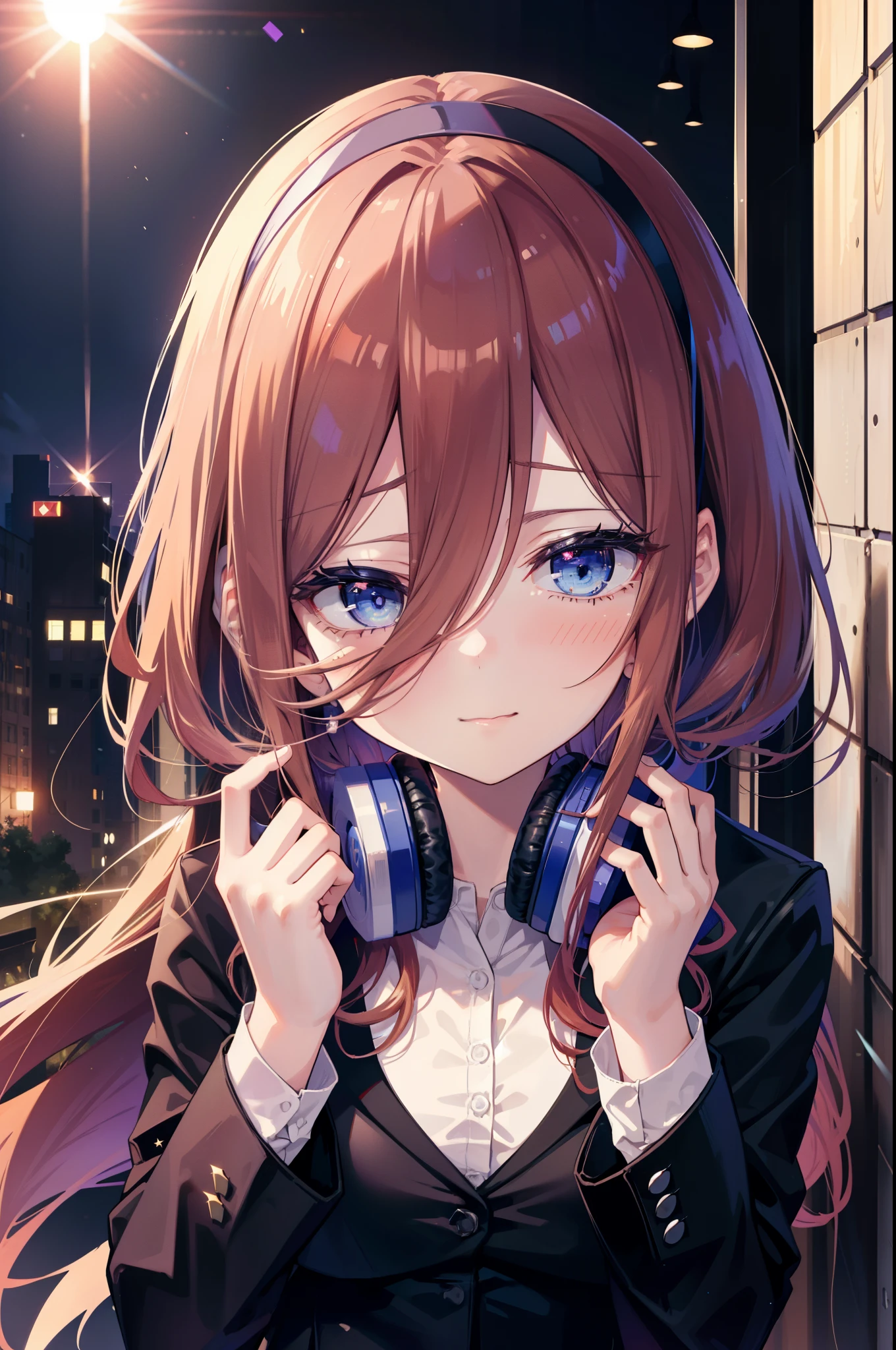 Miku Nakano, Miku Nakano, Long Hair, bangs, blue eyes, Brown Hair,,Blue Hairband ,Hair between the eyes, happy smile, smile, Open your mouth,Headphones around the neck,OL, Akagi glasses, Black suit jacket, Collared jacket, White dress shirt, Collared shirt, Neckline, button, Black pencil skirt, Black pantyhose,Stiletto heels,So that the whole body goes into the illustration,sunset,evening,The sun is setting, Looking up from below,
break outdoors, city,Building district,
break looking at viewer, (Cowboy Shot:1. 5)
break (masterpiece:1.2), highest quality, High resolution, unity 8k wallpaper, (shape:0.8), (Beautiful details:1.6), Highly detailed face, Perfect lighting, Extremely detailed CG, (Perfect hands, Perfect Anatomy),
