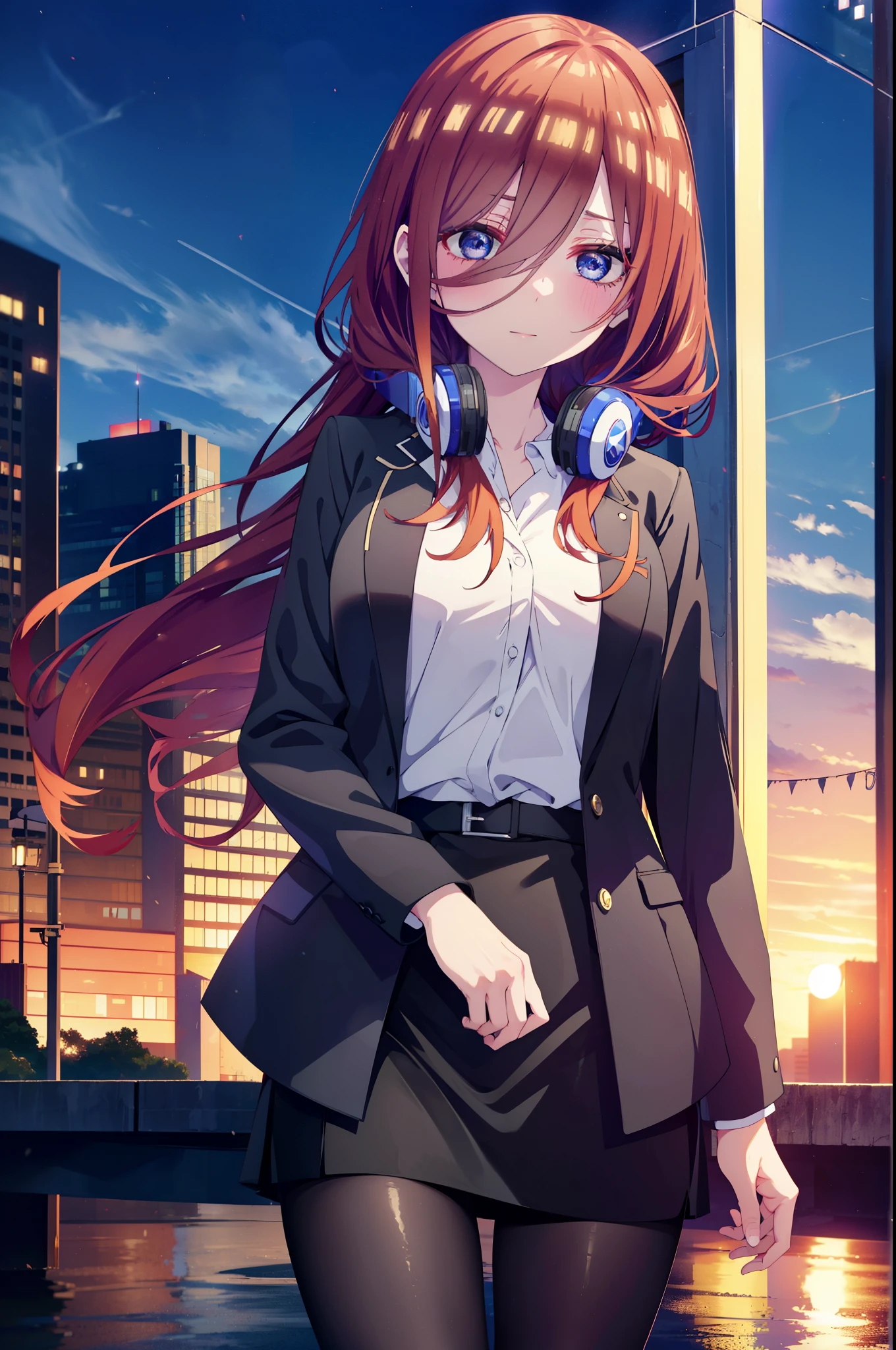 Miku Nakano, Miku Nakano, Long Hair, bangs, blue eyes, Brown Hair,,Blue Hairband ,Hair between the eyes, happy smile, smile, Open your mouth,Headphones around the neck,OL, Akagi Glasses, Black suit jacket, Collared jacket, White dress shirt, Collared shirt, Neckline, button, Black pencil skirt, Black Pantyhose,Stiletto heels,too,sunset,evening,too陽が沈んでいる, As if your whole body is in the illustration,Looking up from below,
break outdoors, city,Building district,
break looking at viewer, (Cowboy Shot:1. 5)
break (masterpiece:1.2), highest quality, High resolution, unity 8k wallpaper, (shape:0.8), (Beautiful details:1.6), Highly detailed face, Perfect lighting, Extremely detailed CG, (Perfect hands, Perfect Anatomy),