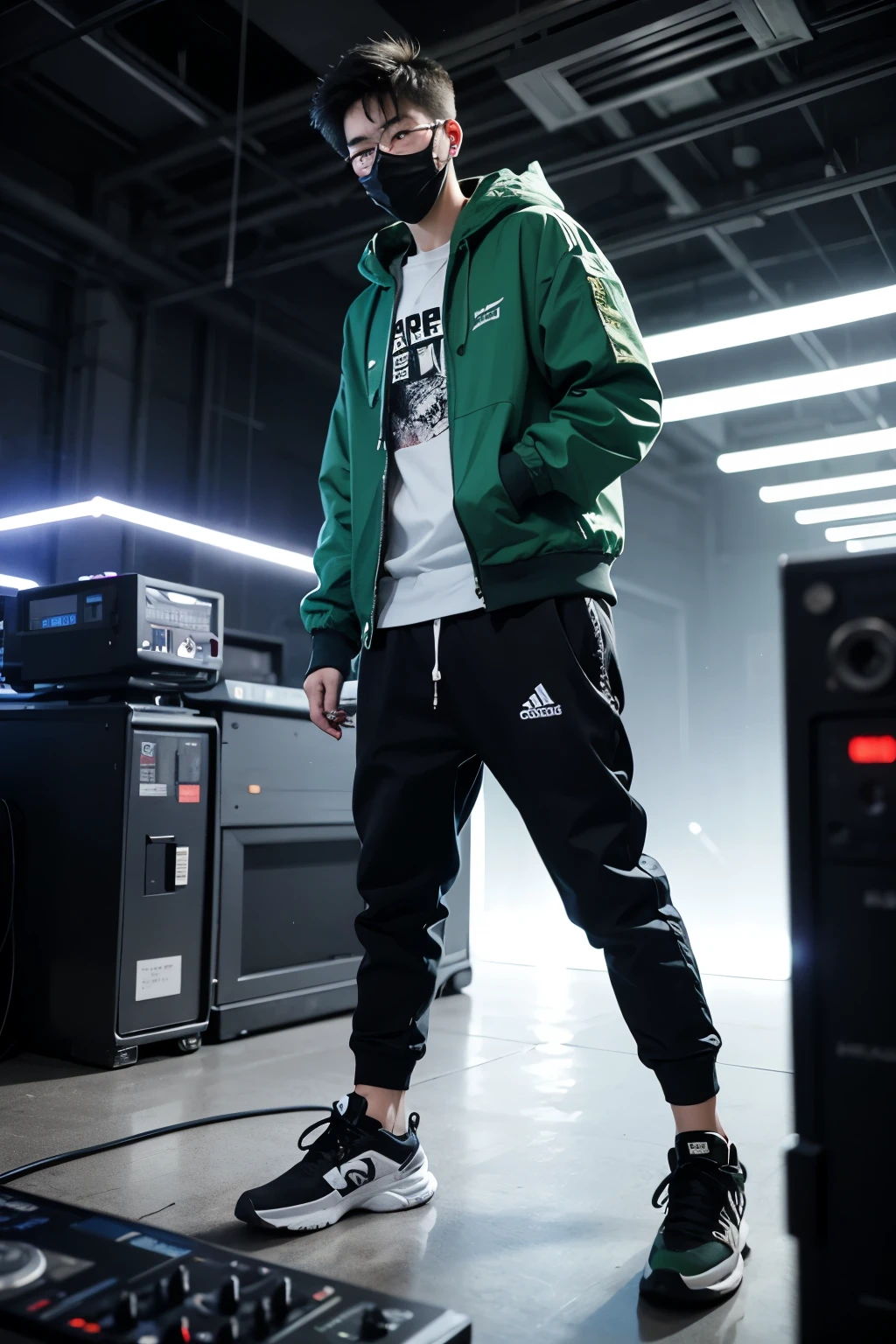 18 year old Shanghai boy, he is wearing a hoodied green jacket, he is wearing black trousers, he is wearing black sneakers, he is wearing a mask, he is wearing eye wear, he is playing music DJ Electro House, LED lights, very realistic, very detailed, nightclub
