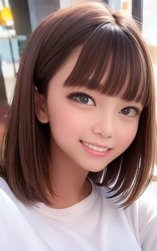 Cute 21 year old Japanese、sunny、shopping、city、Super detailed face、Pay attention to the details、double eyelid、Beautiful thin nose、Sharp focus:1.2、Beautiful woman:1.4、(Light brown hair,short hair、),Pure white skin、highest quality、masterpiece、Ultra-high resolution、(Photorealistic:1.4)、Highly detailed and professional lighting、nice smile、Show your whole body、Cute fall clothes、White tuck top,