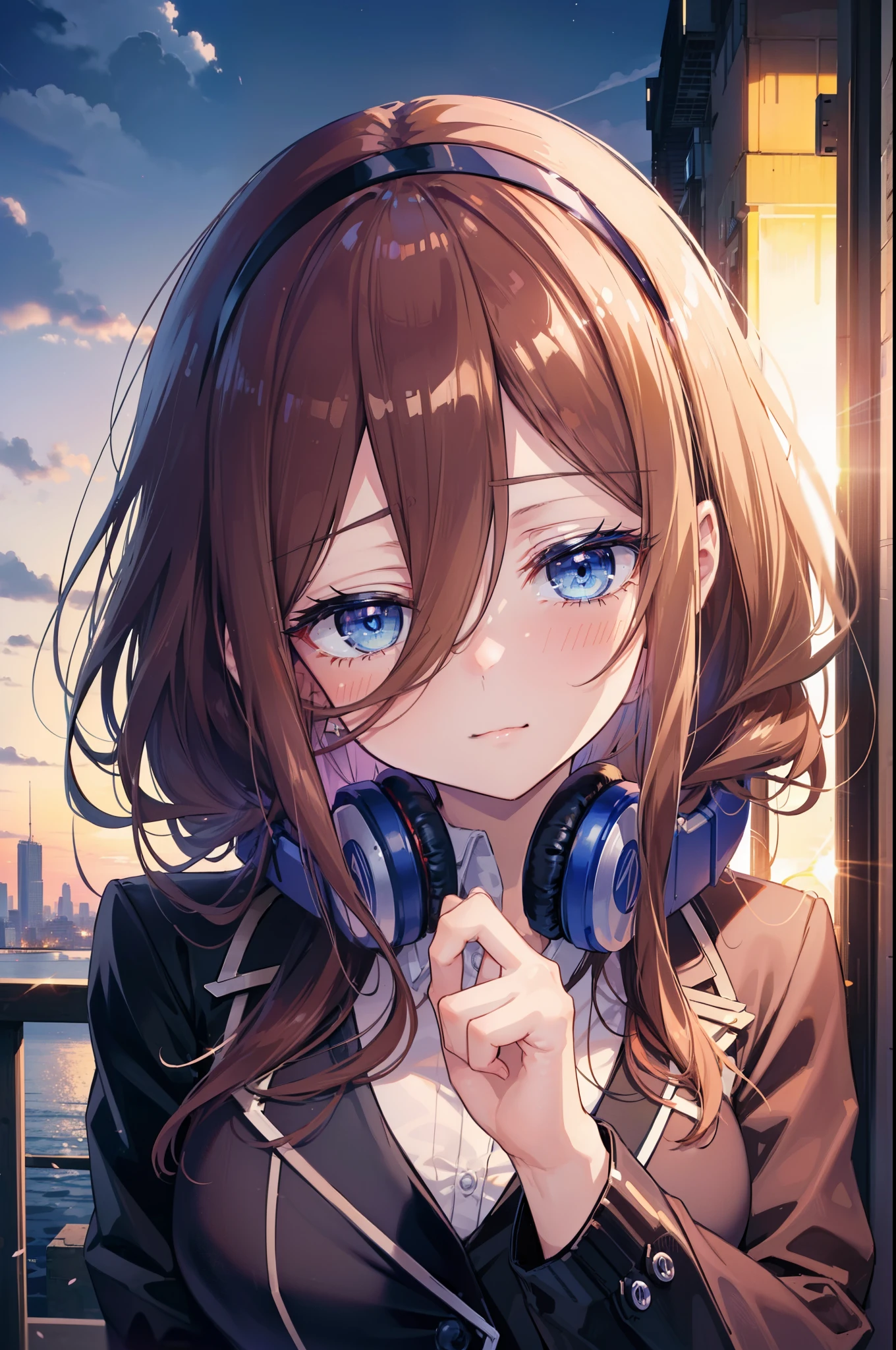 Miku Nakano, Miku Nakano, Long Hair, bangs, blue eyes, Brown Hair,,Blue Hairband ,Hair between the eyes, happy smile, smile, Open your mouth,Headphones around the neck,OL, Akagi glasses, Black suit jacket, Collared jacket, White dress shirt, Collared shirt, Neckline, button, Black pencil skirt, Black pantyhose,Stiletto heels,whole bodyがイラストに入るように,sunset,evening,The sun is setting, 
break outdoors, city,Building district,
break looking at viewer, whole body, (Cowboy Shot:1. 5)
break (masterpiece:1.2), highest quality, High resolution, unity 8k wallpaper, (shape:0.8), (Beautiful details:1.6), Highly detailed face, Perfect lighting, Extremely detailed CG, (Perfect hands, Perfect Anatomy),