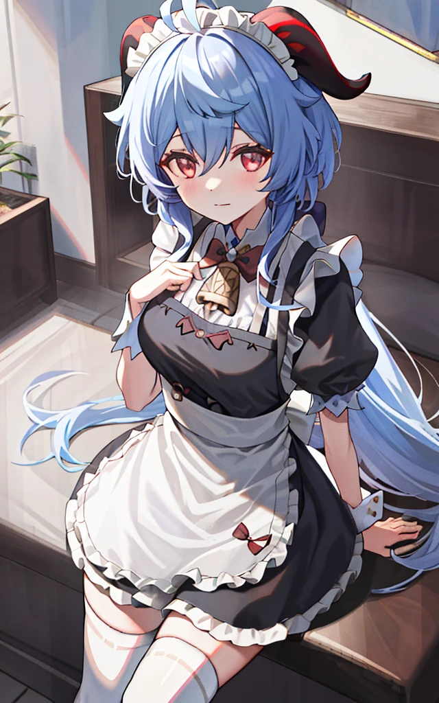((8K,masterpiece, best quality)),
1girl, solo, ganyu (genshin impact), breasts, horns, maid, long hair, thighhighs, blue hair, ahoge, looking at viewer, white thighhighs, holding, blush, maid headdress, apron, alternate costume, frills, cleavage, enmaided, bangs, dress, short sleeves, zettai ryouiki, black dress, purple eyes, medium breasts, goat horns, frilled dress, very long hair, standing, puffy sleeves, closed mouth, maid apron, sidelocks, white apron, cowboy shot, puffy short sleeves, simple background, red eyes, frilled apron, hair between eyes,