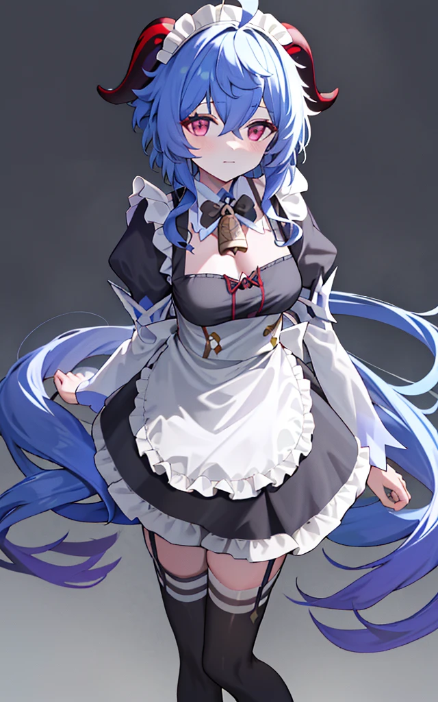 ((8K,masterpiece, best quality)),
1girl, solo, ganyu (genshin impact), breasts, horns, maid, long hair, thighhighs, blue hair, ahoge, looking at viewer, white thighhighs, holding, blush, maid headdress, apron, alternate costume, frills, cleavage, enmaided, bangs, dress, short sleeves, zettai ryouiki, black dress, purple eyes, medium breasts, goat horns, frilled dress, very long hair, standing, puffy sleeves, closed mouth, maid apron, sidelocks, white apron, cowboy shot, puffy short sleeves, simple background, red eyes, frilled apron, hair between eyes,