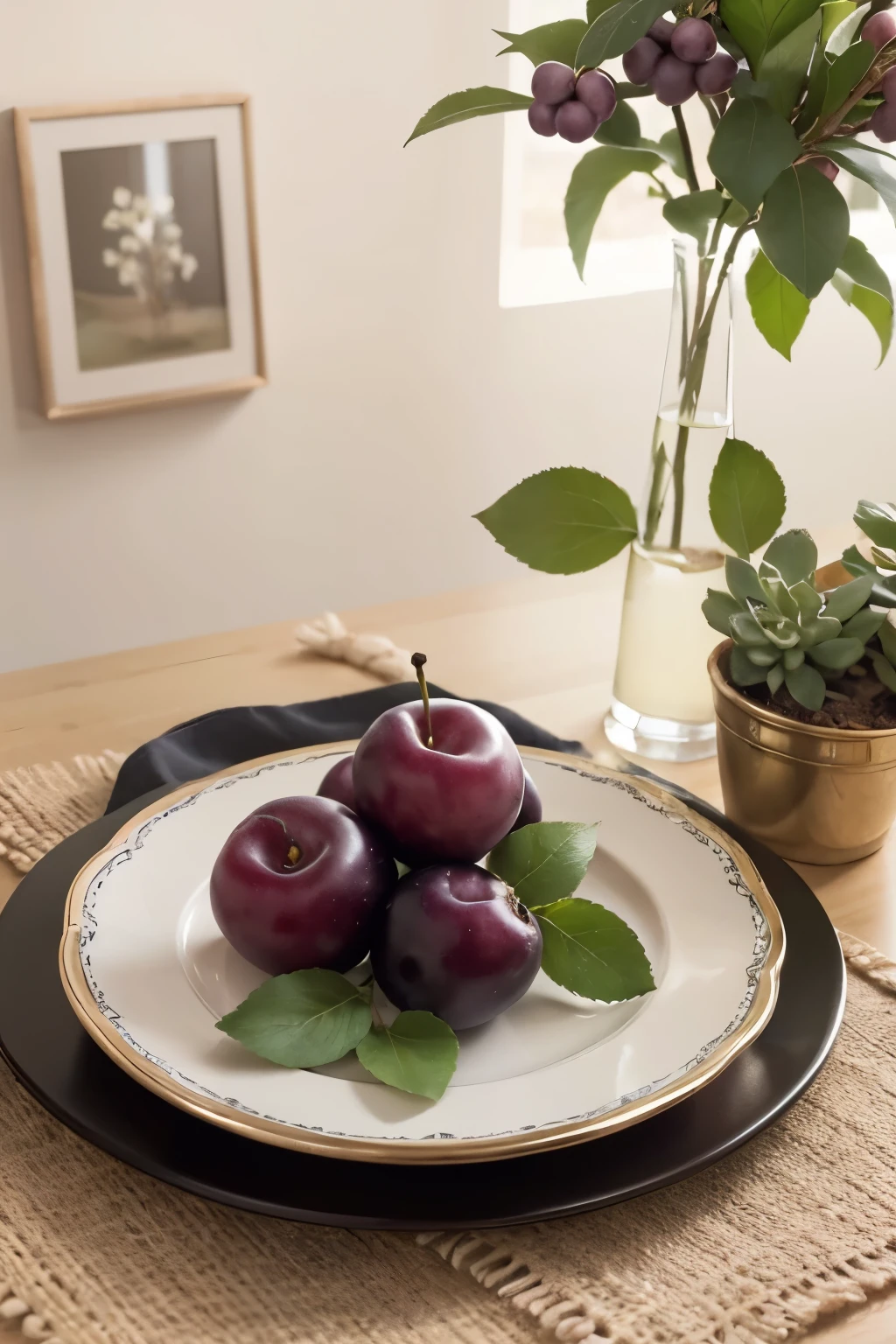 A plate full of succulent plums, sitting majestically on the table, under the soft glow of commercial photography. The fresh background radiates with natural hues, perfectly complementing the vibrant colors of the plums. The lighting adds a cinematic touch, bringing out the delicate textures and intricate details of each fruit, making for a top-quality masterpiece. The plums, with their tantalizing sheen, beckon to be savored, promising a delightful sensory experience. (Best quality: 1.2)