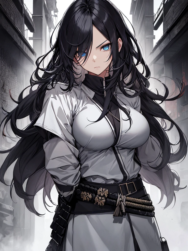 Japanese Katana Sword、Samurai sword、Full body、White one-piece military uniform、 Jet black head of hair,(masutepiece:1.2, Best Quality), (finely detailed beautiful eye: 1.2), (Detailed background,Dark Fantasy), (beautifull detailed face), High contrast, (Best Illumination, extremely delicate and beautiful), ((Cinematic Light)), Colorful, Hyper Detail, Dramatic light, Intricate details,Very blue eyes, Shining eyes, long hair flowing with the wind、large full breasts、Belt under the chest、White military uniform, skirt by the, large full breasts, Long hair fluttering in the wind, swords, jet-black hair, Blue eyes, Black tie, Belt under the chest, Serious look,