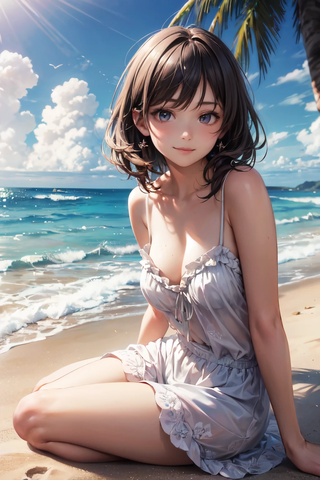 very cute and beautiful girl,(highly detailed beautiful face),camisole,cute ruffle petticoat,detailed legs,
(smile),happy,looking at viewer,black hair,beach,tropical resort,
(best quality,masterpiece),absurdres,highres,ultra-detailed,extremely detailed,32k,8k resolution,
intricate details,cinematic scene,detailed background,solo,dynamic angle,
natural lighting,hair fluttering in the wind,beautiful detailed sky,realistic,