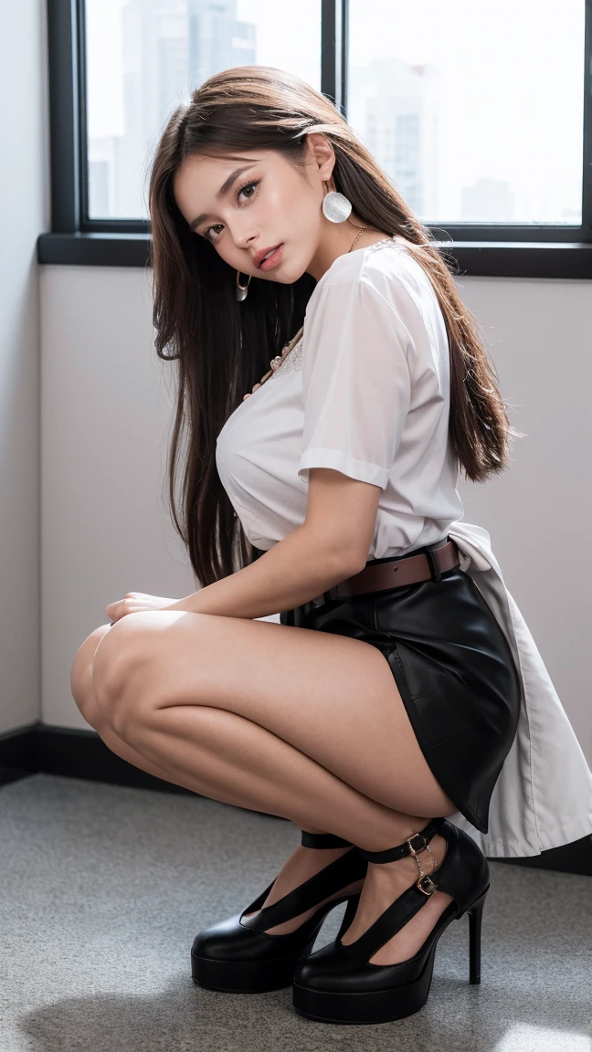 18 year old female, Masterpiece:1.4, long brown hair, (squatting:1.4), On heels, legs spread apart.), Lace underwear, gigantic bust:1.5, buttocks sexy hips, necklace, cute earrings, White short-sleeved shirt with button-down collar., brown belt, A tight black skirt shakes open.:1.3, black stilettos, On the table in the office, raw photos, in the dark, deep shadow, low voice, cool light,