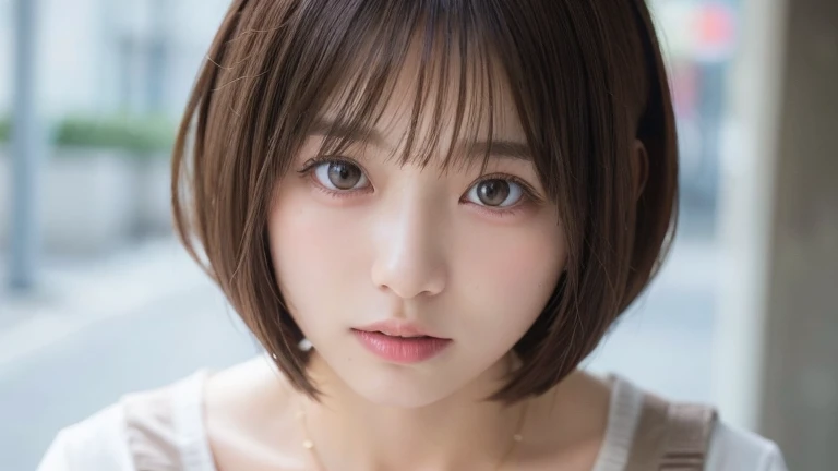 (Bob Cut Hair:1.2),(Wearing a necklace, Wearing a blouse:1.2),1 girl,Japanese,21 years old,(Small breasts:1.3),(highest quality,masterpiece:1.3,超A high resolution,),(Ultra-detailed,Caustics),(Photorealistic:1.4,RAW shooting,)Ultra-Realistic Capture,Very detailed,High resolution 16K human skin close-up。 Natural skin texture、,Pores、、It needs to be detailed enough to be easily identifiable。 Skin should be even-toned and healthy looking。 Use natural light and colour, Sad expression, Looking at the camera, Perfect dynamic composition, Outdoor
