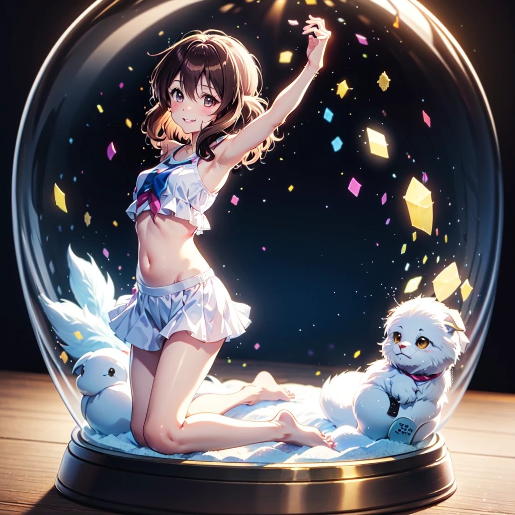 Snow globe with Kumiko inside 、galaxy background、(masterpiece、highest quality、Super detailed)、1 adult lady、Perfect hands、Perfect Fingers、Five fingers、Perfect legs、Glowing Skin、Mid-chest、barefoot、midriff peek、Bangs between the eyes、(Big round eyes)、smiling、Pink Lips、Hide your arms behind your body、Hide your feet