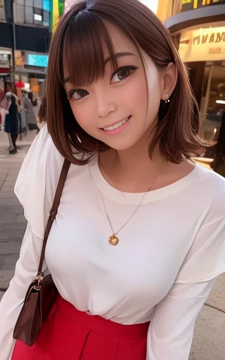 Cute 21 year old Japanese、sunny、shopping、city、Super detailed face、Pay attention to the details、double eyelid、Beautiful thin nose、Sharp focus:1.2、Beautiful woman:1.4、(Light brown hair,short hair、),Pure white skin、highest quality、masterpiece、Ultra-high resolution、(Photorealistic:1.4)、Highly detailed and professional lighting、nice smile、Show your whole body、Cute fall clothes、White tuck top,Red slim mini skirt,Belly button sticking out,