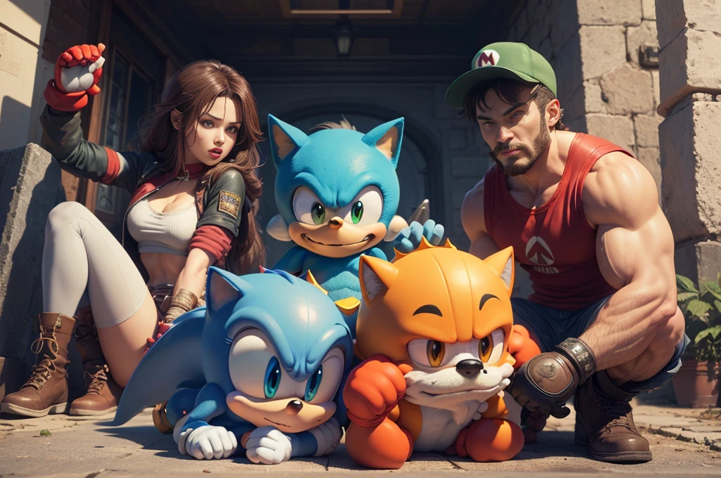 falling in a wolrd with multiple characters from different universe, like mario, tomb raider, Fatal Furry, street fighter, pac-man, hallo, doom, starfox, zelda, sonic