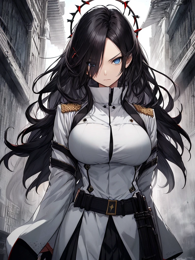 Japanese Katana Sword、Samurai sword、Full body、White one-piece military uniform、 Jet black head of hair,(masutepiece:1.2, Best Quality), (finely detailed beautiful eye: 1.2), (Detailed background,Dark Fantasy), (beautifull detailed face), High contrast, (Best Illumination, extremely delicate and beautiful), ((Cinematic Light)), Colorful, Hyper Detail, Dramatic light, Intricate details,Very blue eyes, Shining eyes, long hair flowing with the wind、large full breasts、Belt under the chest、White military uniform, skirt by the, large full breasts, Long hair fluttering in the wind, swords, jet-black hair, Blue eyes, Black tie, Belt under the chest, Serious look,