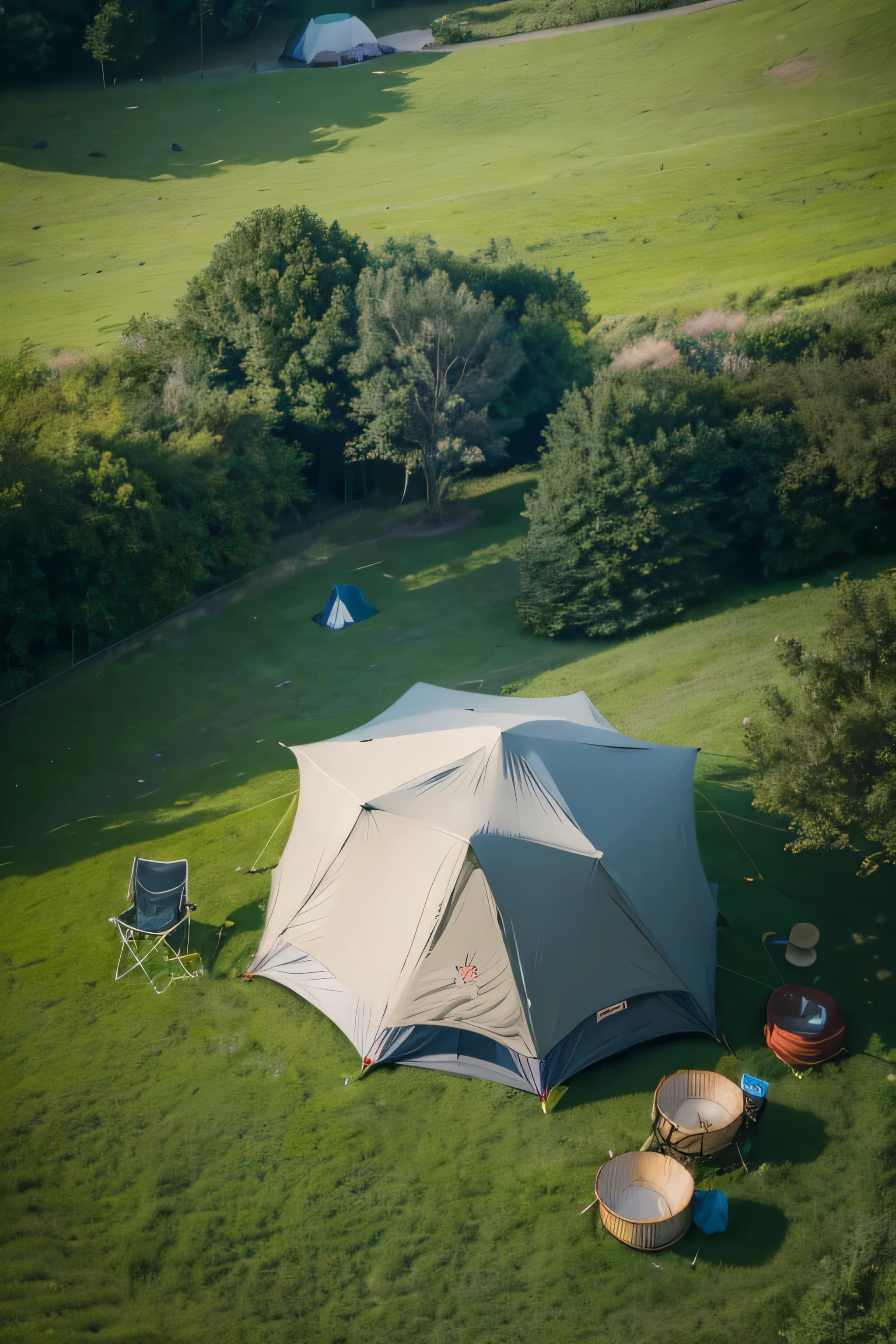 there are two tents and a table in the grass, camping, Glamping, barrel fires and architecture, Yuruying, tents, Watch from above, Look from above, [ Top view ]!!, Camping, [ Top view ]!, Surrealism, Viewed from directly above, Top-down shooting, tent, byEtienne Delessert,