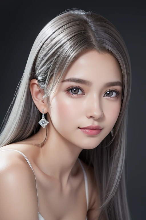 8k wallpaper, RAW Photos, (A small smile:1.1)、( Big Breasts :1.4 )、( Diamond Earrings )、( 14 year old beautiful )、( Silver grey hair )、( Silver Eyes )、 highest quality、 masterpiece:1.2、( High Contrast、 Ultra-high resolution、すべてがUltra-high resolutionでレンダリングされます、Masseter region、 Attention to detail、Realistic photorealism:1.37、)、Portraiture、The perfect angle、 Professional photos,