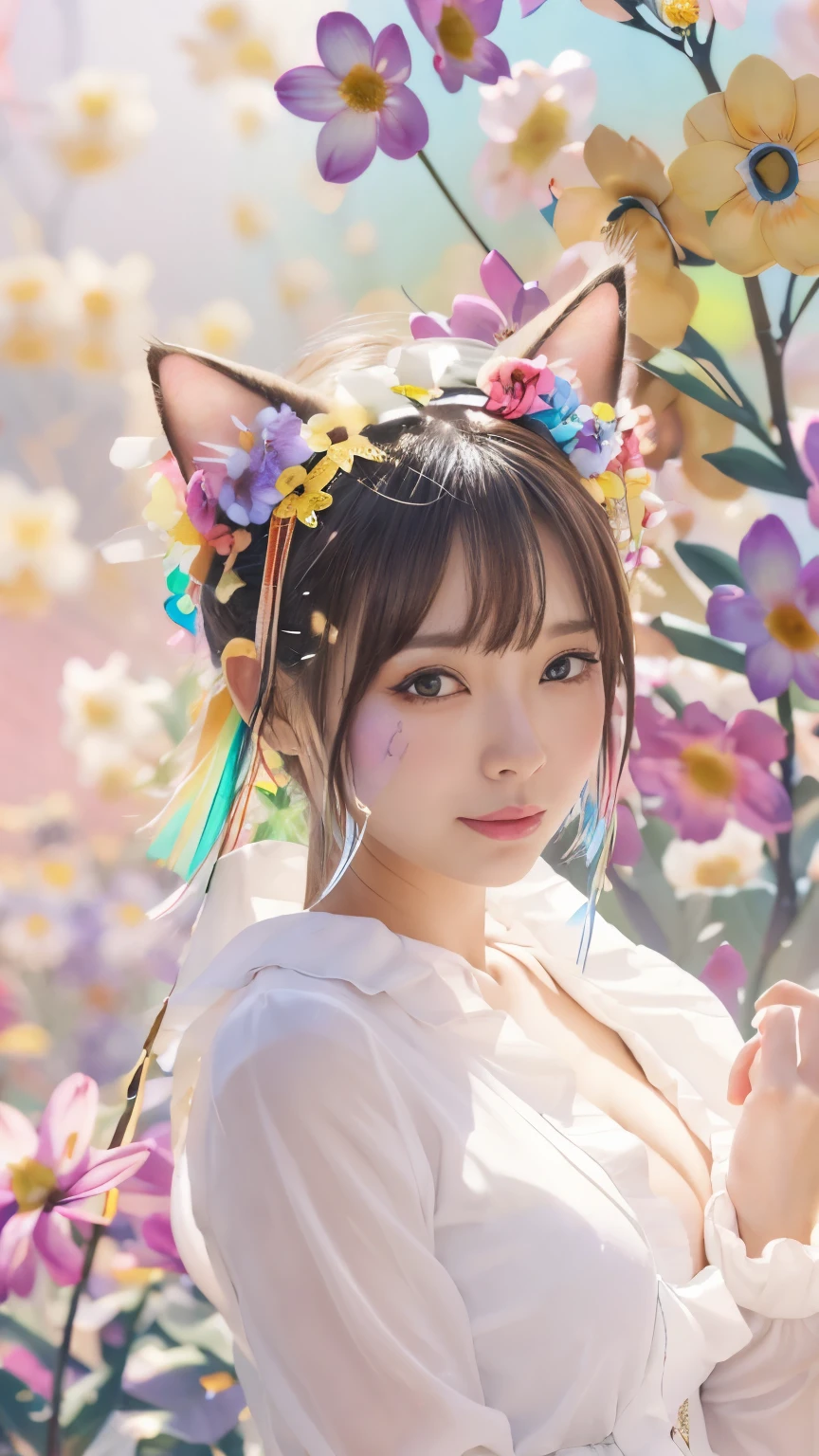 8k, best quality, masterpiece, a photo of a beautiful girl in many flowers, (Flower shower:1.2), (Medium breast), blushed face, Bob brown hair, (Japanese idle:1.6), BREAK, (Cat ears:1.2), Looking at the viewer , (colourful Flower background:1.8), (full of colourful flowers:1.5)