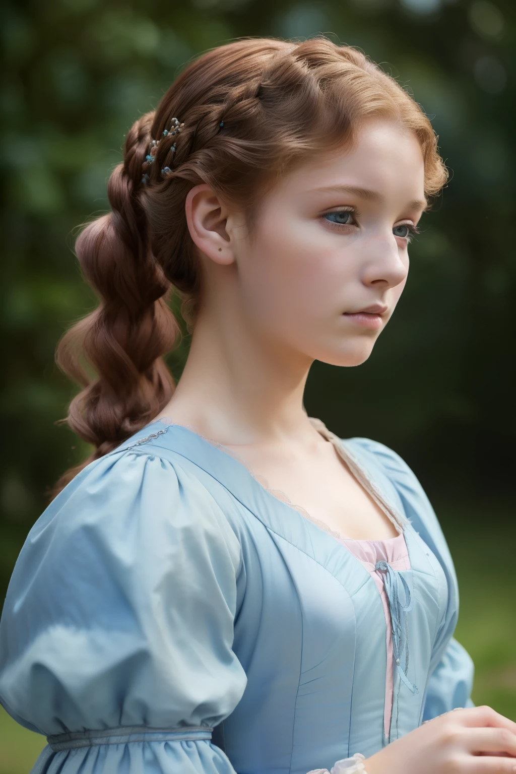 England, 1558. A young ((((15-year-old)) Margery Fitzgerald)), beautiful, intelligent, expressive eyes, graceful demeanor, outdoors, ((sad expression)), ((((clothings from the 1550s, pastel blue)))), ((curly dark chestnut hairstyle of the 1550s, lustrous and flowing hair)), colorful