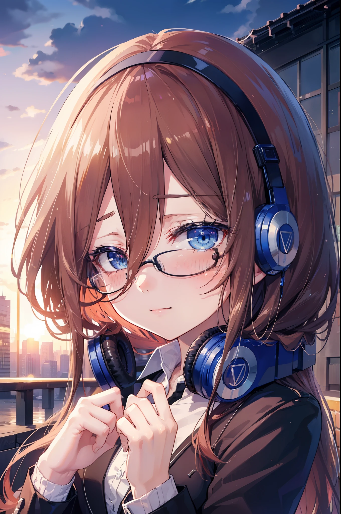 Miku Nakano, Miku Nakano, Long Hair, bangs, blue eyes, Brown Hair,,Blue Hairband ,Hair between the eyes, happy smile, smile, Open your mouth,Headphones around the neck,OL, Akagi glasses, Black suit jacket, Collared jacket, White dress shirt, Collared shirt, Neckline, button, Black pencil skirt, Black pantyhose,Stiletto heels,whole bodyがイラストに入るように,sunset,evening,The sun is setting, 
break outdoors, city,Building district,
break looking at viewer, whole body, (Cowboy Shot:1. 5)
break (masterpiece:1.2), highest quality, High resolution, unity 8k wallpaper, (shape:0.8), (Beautiful details:1.6), Highly detailed face, Perfect lighting, Extremely detailed CG, (Perfect hands, Perfect Anatomy),