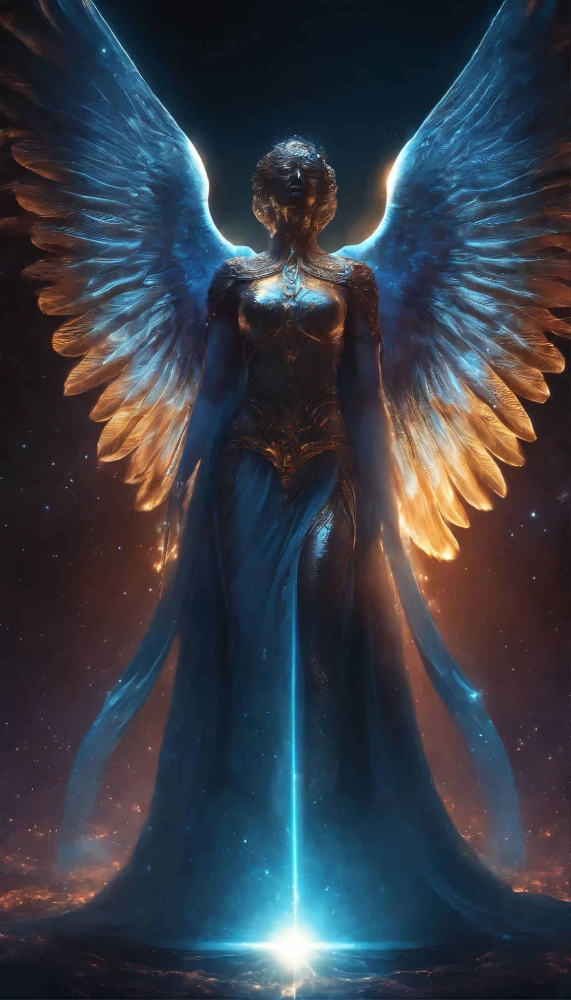 Fallen Angel of Space, Shining Eyes, Biomechanics, wonderful, scared, nightmare, The colors are very vivid., Light Particles, with a shining light., Musif, Wallpaper Art, UHD Wallpaper、Praying