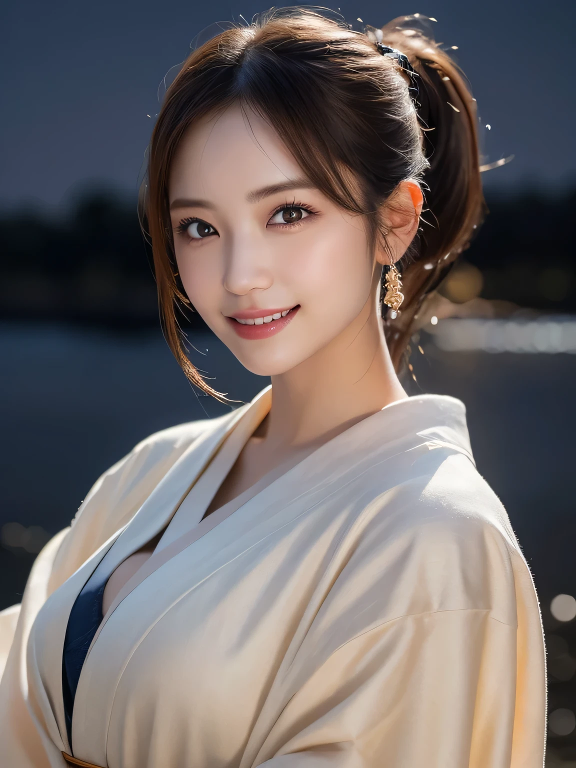 Kimono beauty, body portrait, 8K, thin and beautiful eyes, Dindal effect, masterpiece, top quality, high quality, high resolution, very detailed photo, (natural skin texture, fine skin, hyperrealism, super sharpness) , high detail skin, (very fine, fine skin texture, intricate details, ponytail, beautiful face, (real-like face), realistic eyes, beautifully detailed eyes, realistic skin, beautiful skin, hyper reality target, highly detailed, golden ratio, smiling eyes, ((night moonlight background) )), body portrait, G cup, big breasts, huge breasts, big breasts, glamorous,