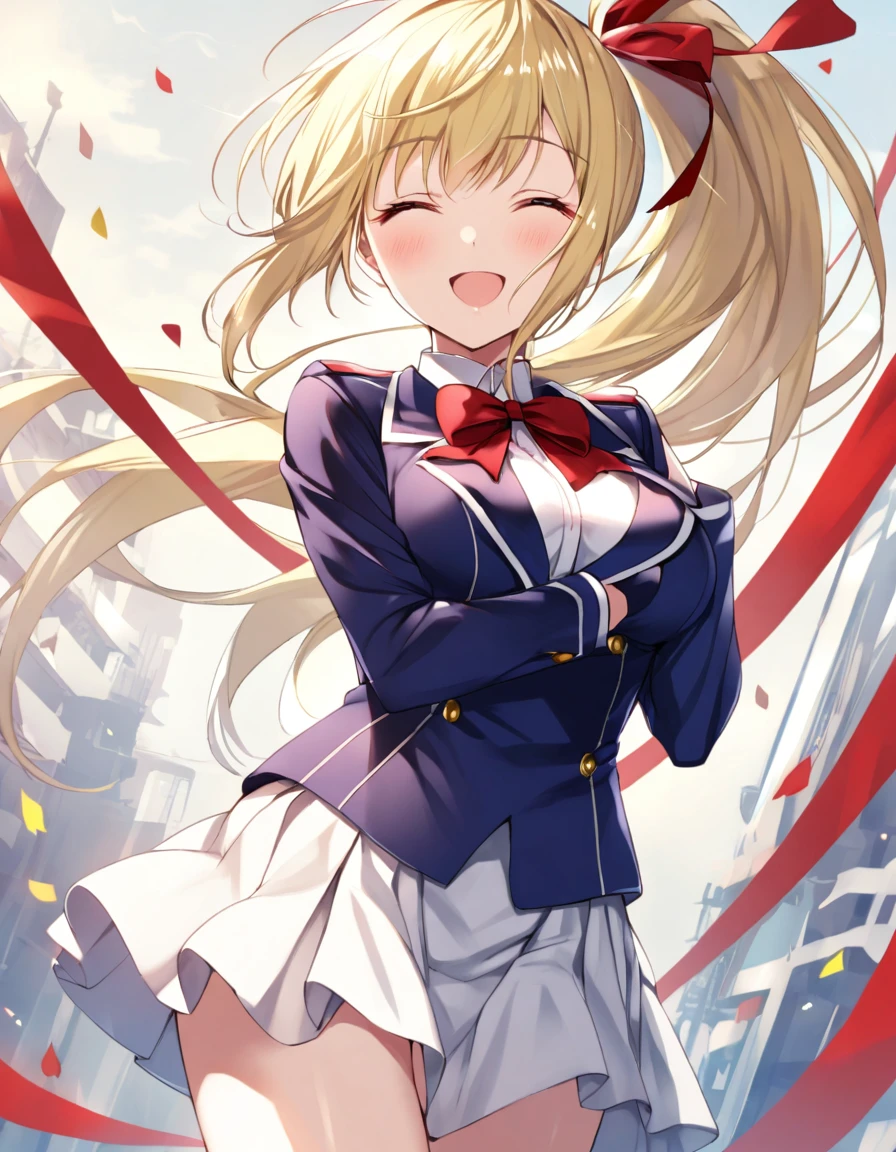(solo woman)、(blonde hair:1.0)、(shiny red eyes:1.1)、(highponytail:0.9)、(long hair:0.8)、(a little red libbon:0.8)、(long hair:0.7)、middle breast:0.8、dark blue blazer uniform、white mini skirt,closed eyes:0.5,cowboy shot,smile,random angle,