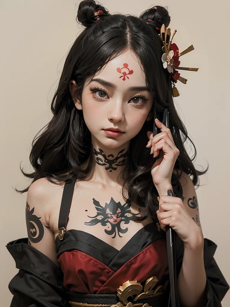 Professional drawing with colored pencils. A heavily tattooed geisha, With a strange expression and a large knife in his hand. Japan and European style. Moderate nuance color, Contrasting colors. Some doodle style and vector art. ((Best Quality))