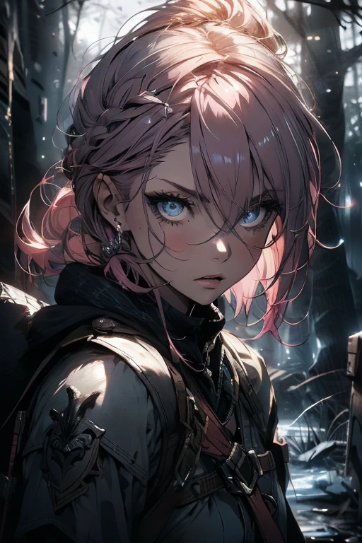 1 girl,ranger,scout,assassin,pink hair,fierce,otherworldly lighting,icy air,battle pose,action,delicate,[detailed eyes],[detailed lips],longeyelashes,[best quality:1.2],ultra-detailed,[photorealistic:1.37],[HDR],[vivid colors], [portrait], [dark atmosphere], [arrow], [battlefield], [forest], [mysterious], [determined]