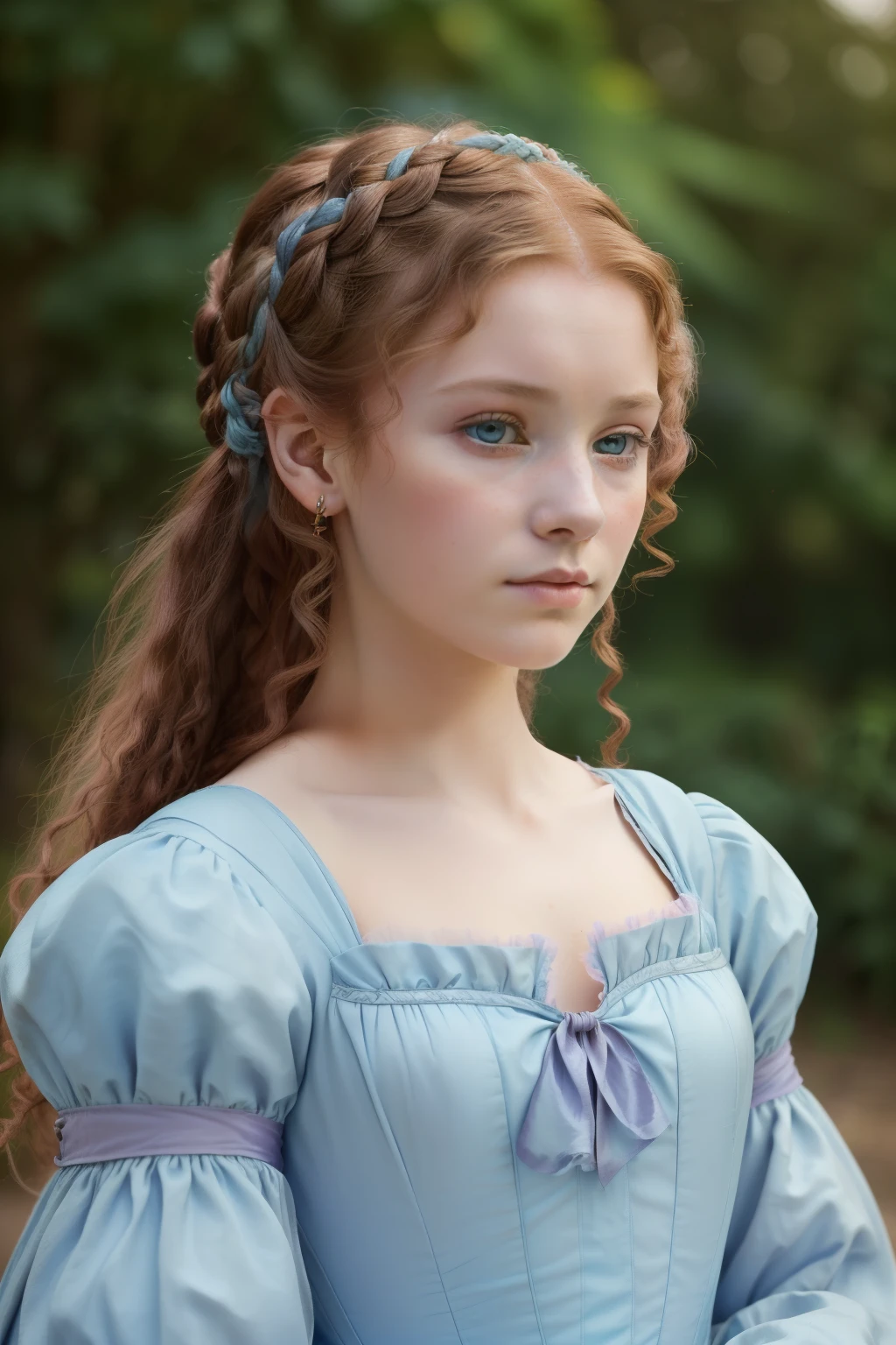 England, 1558. A young ((((15-year-old)) Margery Fitzgerald)), beautiful, intelligent, expressive eyes, graceful demeanor, outdoors, ((sad expression)), ((((clothings from the 1550s, pastel blue)))), ((curly dark-chestnut hairstyle of the 1550s, lustrous and flowing hair)), colorful, realistic