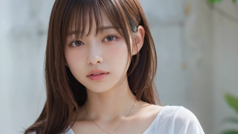 (long cut hair, bangs:1.2),(Wearing a necklace, Wearing a blouse:1.2),1 girl,Japanese,21 years old,(Small breasts:1.3),(highest quality,masterpiece:1.3,超A high resolution,),(Ultra-detailed,Caustics),(Photorealistic:1.4,RAW shooting,)Ultra-Realistic Capture,Very detailed,High resolution 16K human skin close-up。 Natural skin texture、,Pores、、It needs to be detailed enough to be easily identifiable。 Skin should be even-toned and healthy looking。 Use natural light and colour, Sad expression, Looking at the camera, Perfect dynamic composition, Outdoor