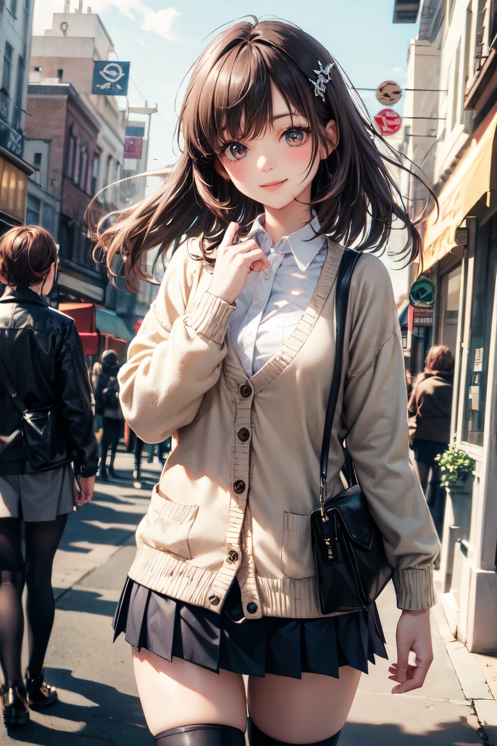 very cute and beautiful girl,(highly detailed beautiful face),(white blouse),
(smile),cowboy shot,looking at viewer,
(beige cardigan:1.2) BREAK zettai ryouiki,brown shoulder bag,(brown boots),
hair ornament,black hair,(pleated black mini skirt:1.2),
standing in front of cake shop show window,downtown street,crowd,people,
(best quality,masterpiece),absurdres,highres,ultra-detailed,extremely detailed,32k,8k resolution,
intricate details,cinematic scene,detailed background,solo,dynamic angle,
natural lighting,hair fluttering in the wind,beautiful detailed sky,realistic,