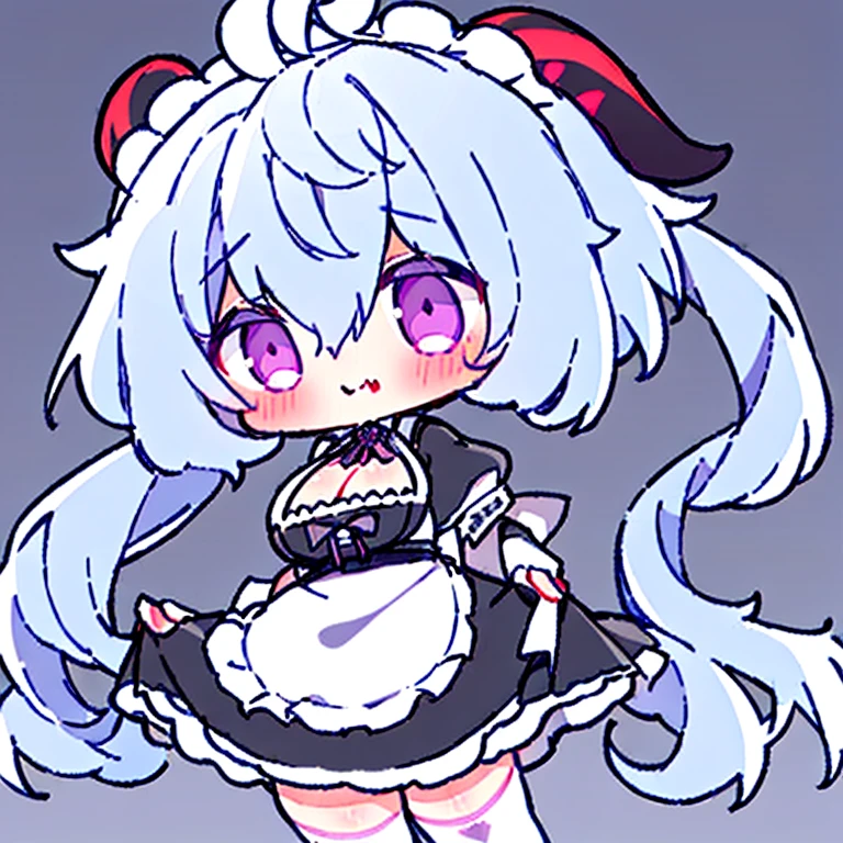 ((8K,masterpiece, best quality)),
1girl, solo, ganyu (genshin impact), breasts, horns, maid, long hair, thighhighs, blue hair, ahoge, looking at viewer, white thighhighs, holding, blush, maid headdress, apron, alternate costume, frills, cleavage, enmaided, bangs, dress, short sleeves, zettai ryouiki, black dress, purple eyes, medium breasts,  goat horns, frilled dress, very long hair, standing, puffy sleeves, closed mouth, maid apron, sidelocks, white apron, cowboy shot, puffy short sleeves, simple background, red eyes, frilled apron, hair between eyes,